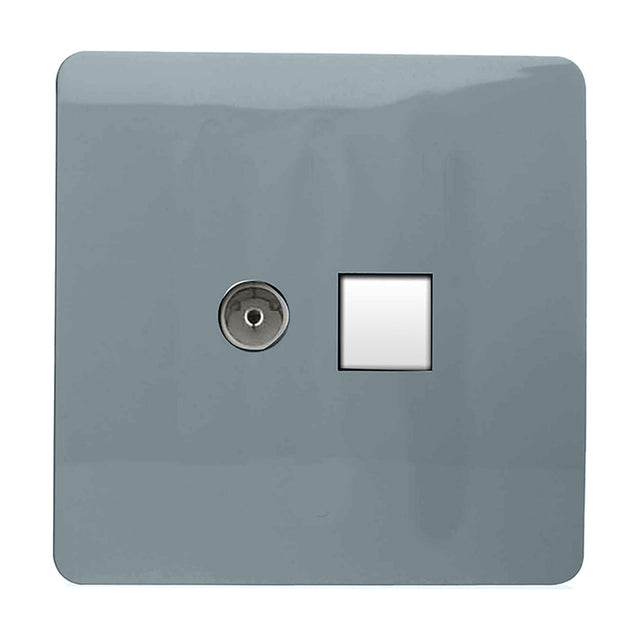 Cool grey square screwless plate socket combining a telephone point and a white Cat 5 data port, shown against a plain white background.