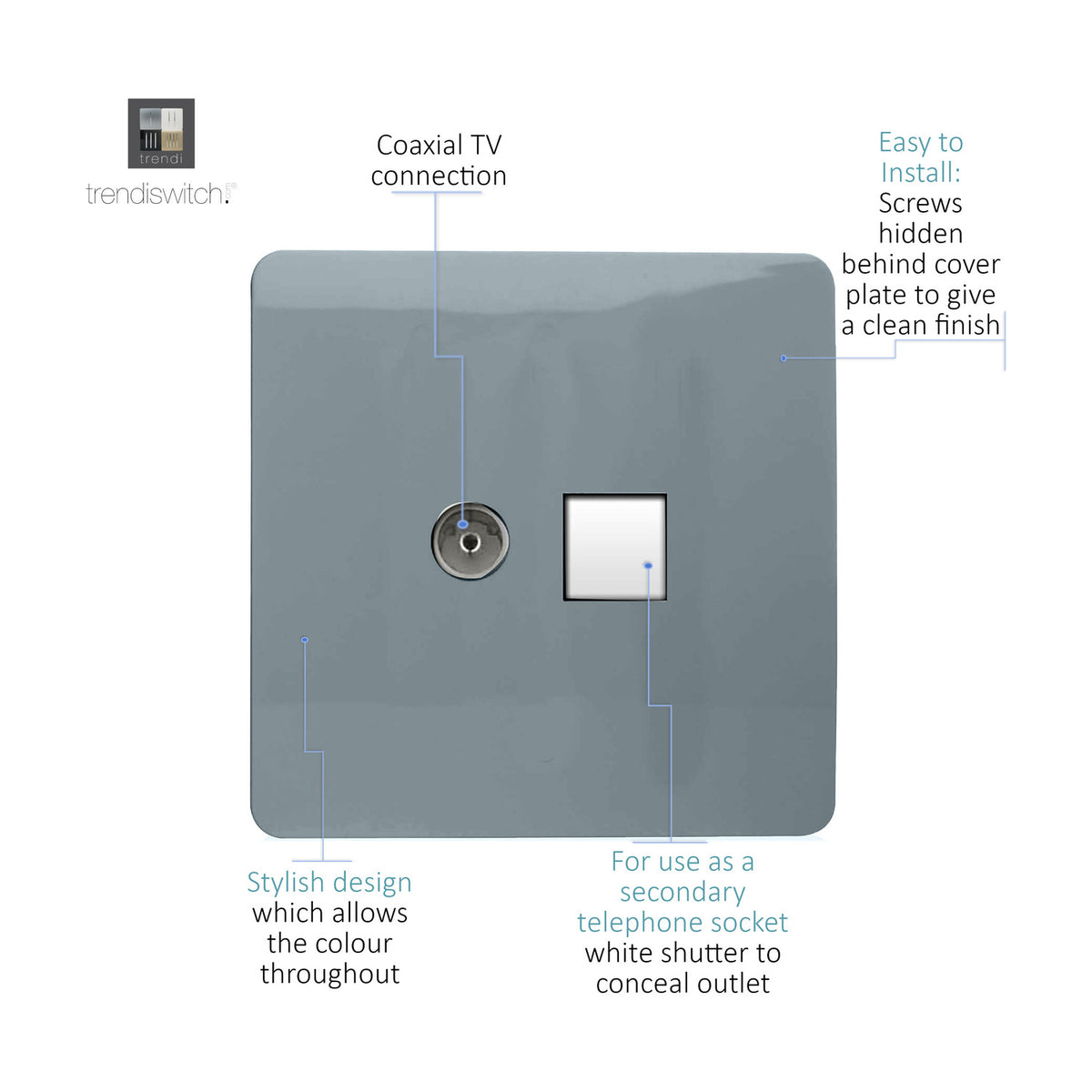 Cool grey screwless flat plate socket with a coaxial TV connection point and a white shuttered secondary telephone socket, hidden fixing screws beneath the cover.