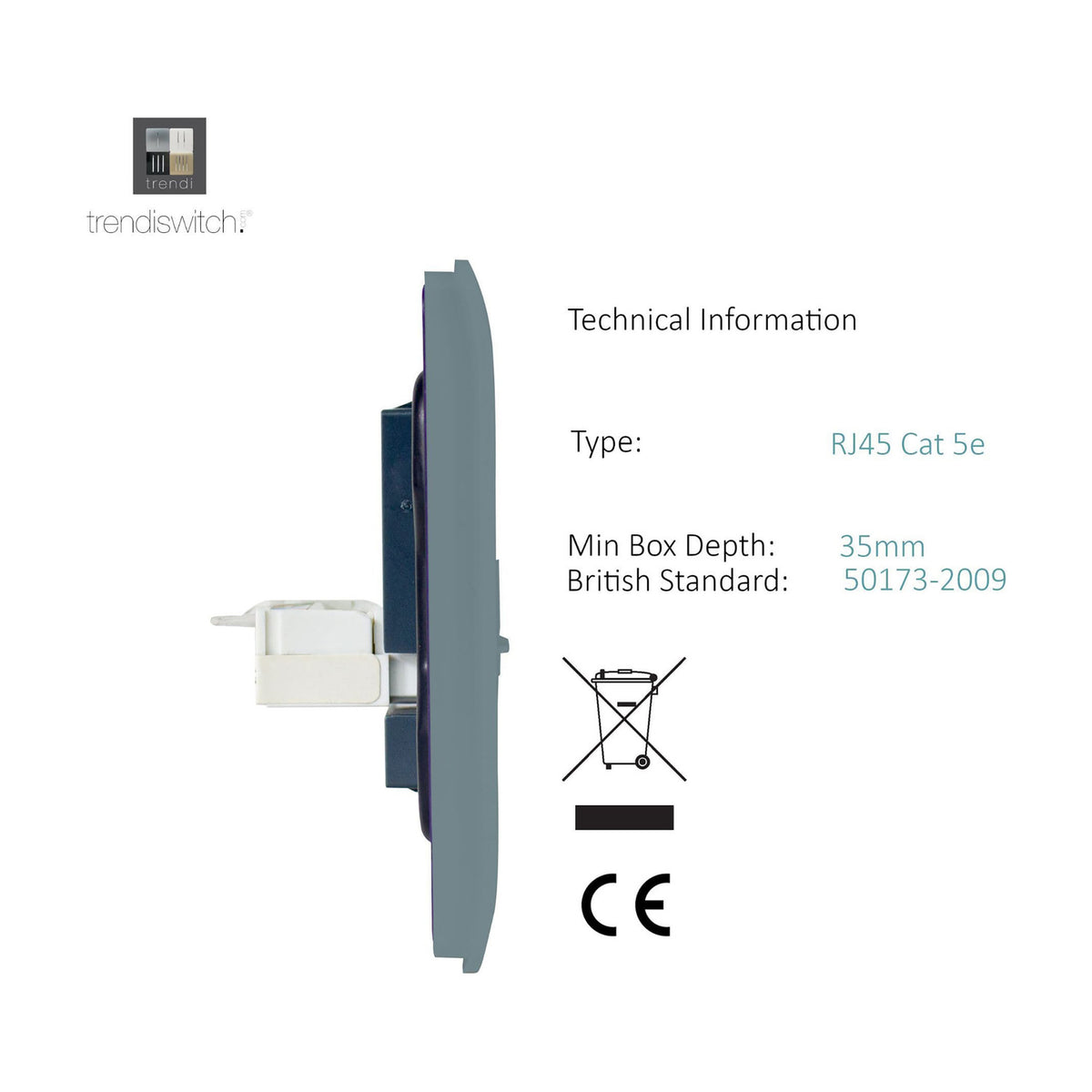Side profile of a cool grey screwless 2 gang data socket with RJ45 Cat 5e module, showing technical specs, min box depth 35mm, and CE marking on a white background.