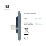 Side profile of a cool grey screwless 2 gang data socket with RJ45 Cat 5e module, showing technical specs, min box depth 35mm, and CE marking on a white background.