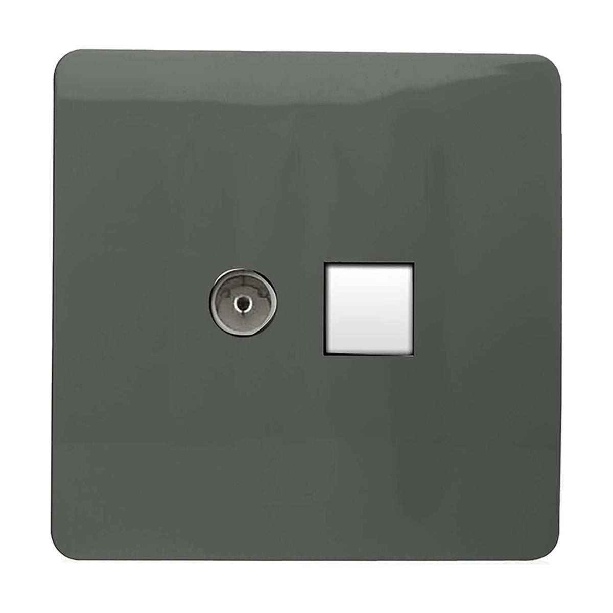 Screwless charcoal 2 gang plate combining a telephone socket and Cat 5 data socket outlet, shown on a plain white background.
