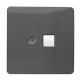 Screwless charcoal 2 gang plate combining a telephone socket and Cat 5 data socket outlet, shown on a plain white background.