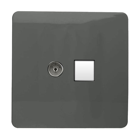 Screwless charcoal 2 gang plate combining a telephone socket and Cat 5 data socket outlet, shown on a plain white background.