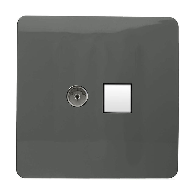 Screwless charcoal 2 gang plate combining a telephone socket and Cat 5 data socket outlet, shown on a plain white background.