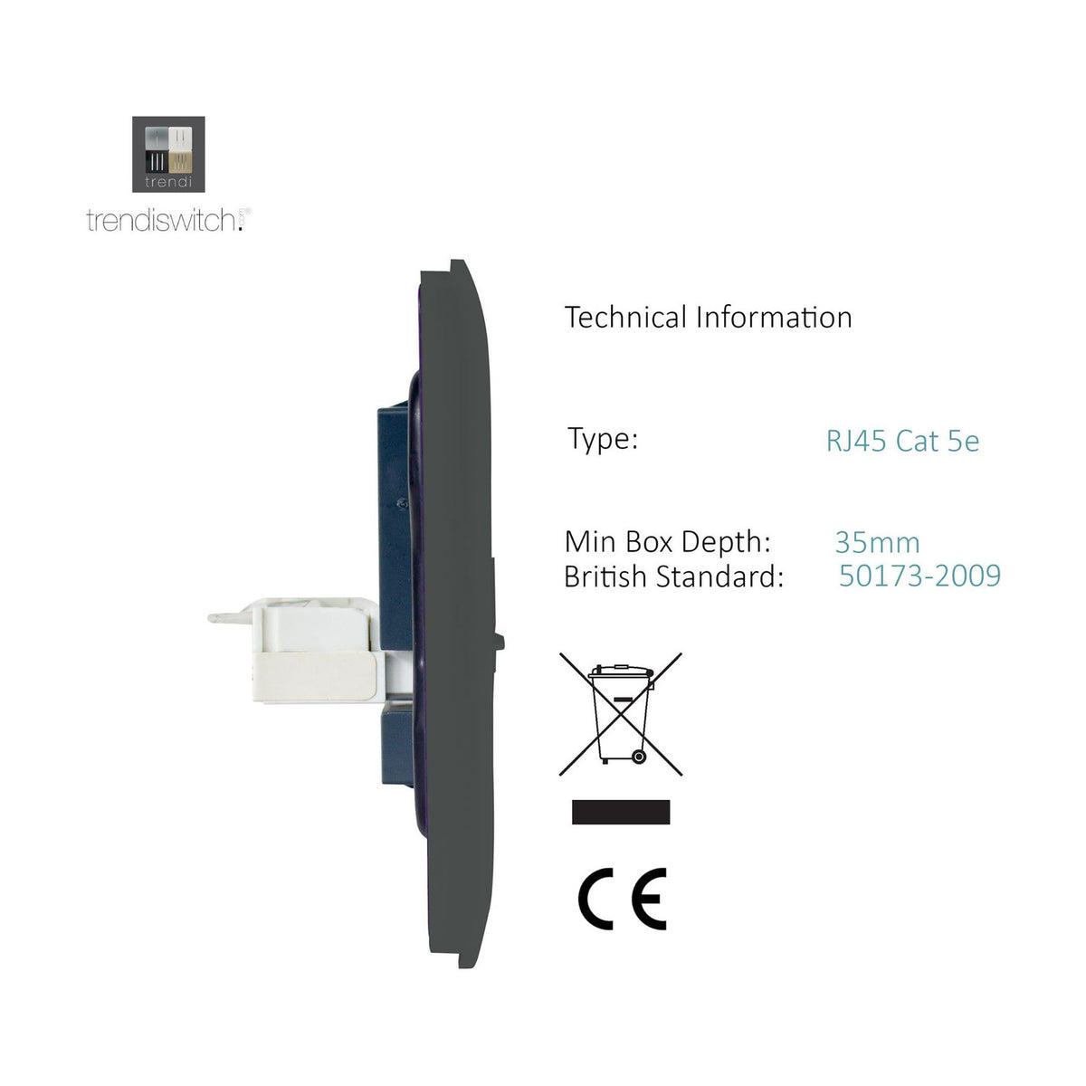 Side profile of the 2 Gang Telephone & Cat 5 Data Socket in charcoal, showing the RJ45 module depth, screwless plate edge and technical specifications on a white background.