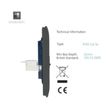 Side profile of the 2 Gang Telephone & Cat 5 Data Socket in charcoal, showing the RJ45 module depth, screwless plate edge and technical specifications on a white background.