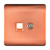 Screwless square copper faceplate with a 2 gang telephone and Cat 5 Ethernet socket side by side, shown on a plain white background.