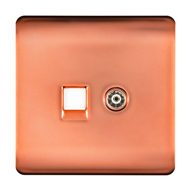 Screwless square copper faceplate with a 2 gang telephone and Cat 5 Ethernet socket side by side, shown on a plain white background.