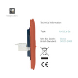 Side profile view of the 2 Gang Telephone & Cat 5 Ethernet Socket in copper, showing screwless flat plate depth, RJ45 connector, and mounting box on a white background.