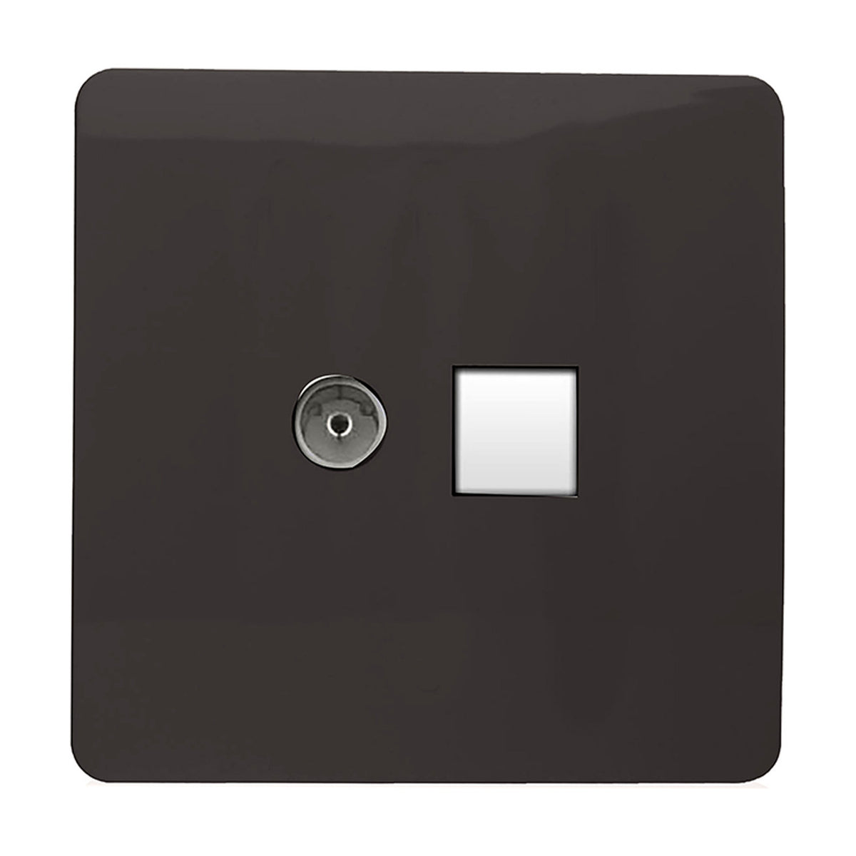 Dark brown 2 gang telephone and Cat 5 data socket with a screwless square plate, featuring a chrome telephone port and a white network module, shown on a plain white background.