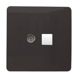Dark brown 2 gang telephone and Cat 5 data socket with a screwless square plate, featuring a chrome telephone port and a white network module, shown on a plain white background.