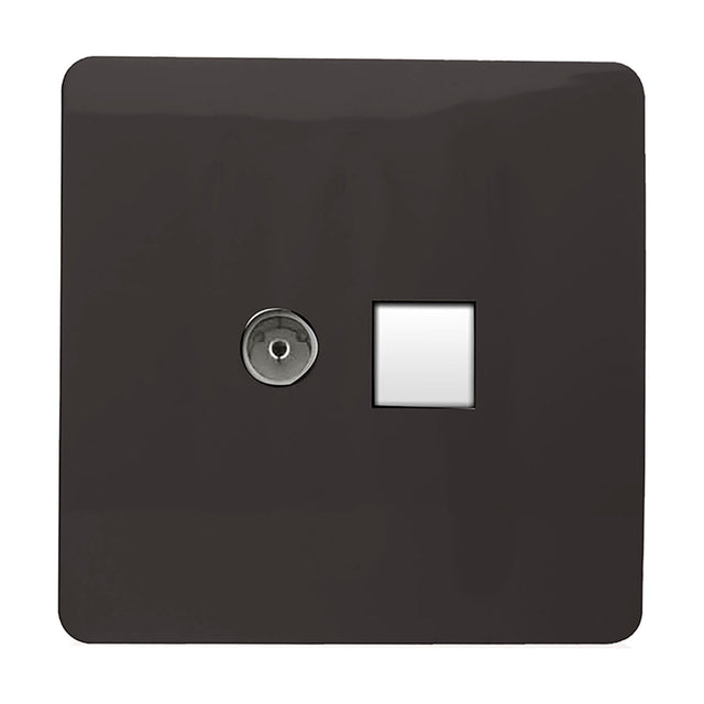 Dark brown 2 gang telephone and Cat 5 data socket with a screwless square plate, featuring a chrome telephone port and a white network module, shown on a plain white background.