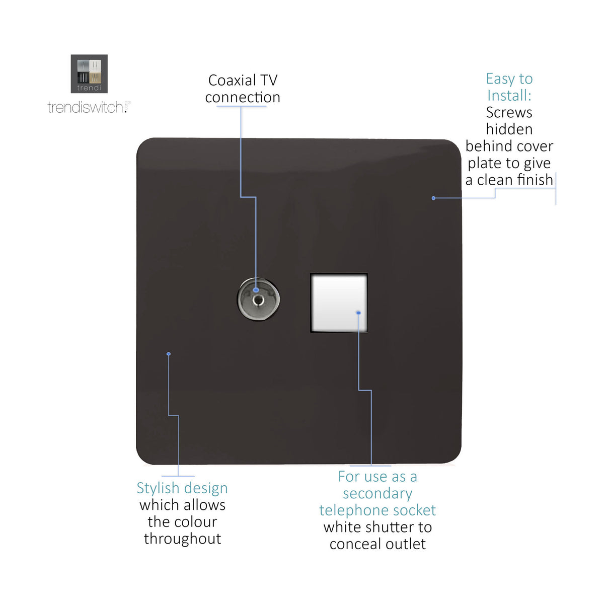 Dark brown screwless 2 gang wall plate with coaxial TV connection and white shuttered telephone socket, shown on a white background with labelled features.