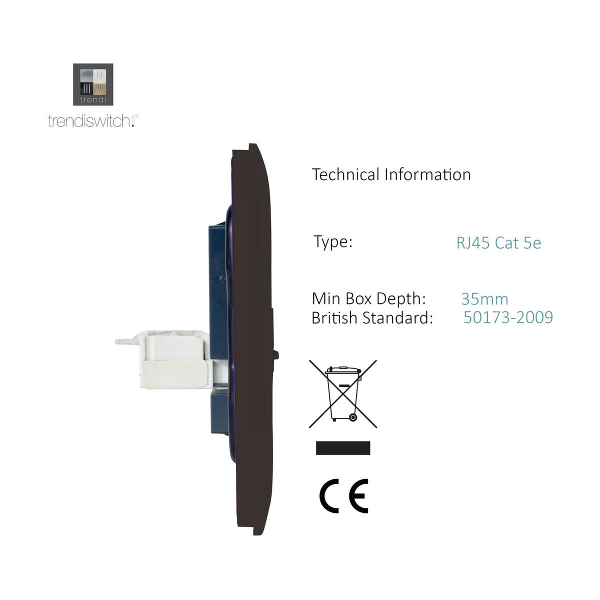 Side profile of the 2 Gang Telephone & Cat 5 Data Socket in dark brown, showing screwless plate depth, RJ45 module, and mounting bracket with technical specifications on a white background.
