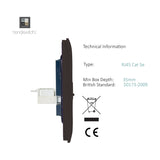 Side profile of the 2 Gang Telephone & Cat 5 Data Socket in dark brown, showing screwless plate depth, RJ45 module, and mounting bracket with technical specifications on a white background.