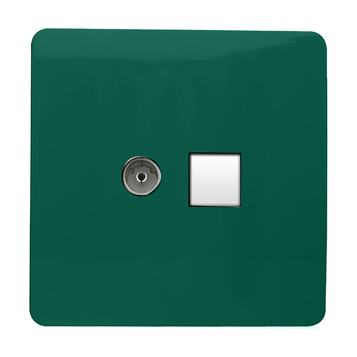 Screwless dark green 2 gang telephone and Cat 5 data socket with a round silver telephone port and square white ethernet outlet, shown on a plain background.