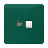 Screwless dark green 2 gang telephone and Cat 5 data socket with a round silver telephone port and square white ethernet outlet, shown on a plain background.