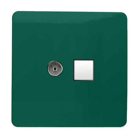 Screwless dark green 2 gang telephone and Cat 5 data socket with a round silver telephone port and square white ethernet outlet, shown on a plain background.
