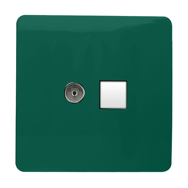 Screwless dark green 2 gang telephone and Cat 5 data socket with a round silver telephone port and square white ethernet outlet, shown on a plain background.
