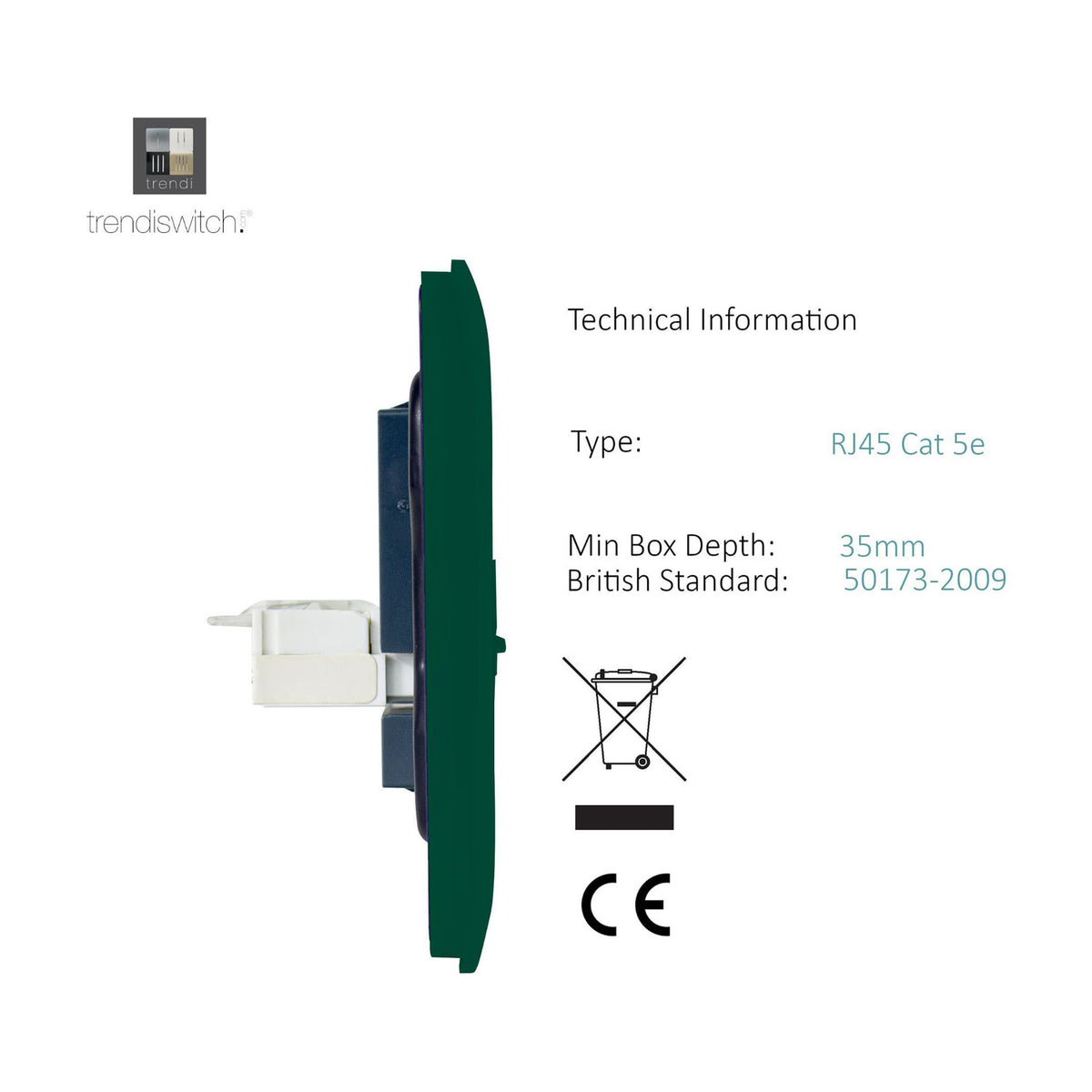 Side profile view of a 2 Gang Telephone & Cat 5 Data Socket in dark green, screwless plate with RJ45 module and mounting bracket visible, shown against a white background.