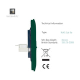Side profile view of a 2 Gang Telephone & Cat 5 Data Socket in dark green, screwless plate with RJ45 module and mounting bracket visible, shown against a white background.