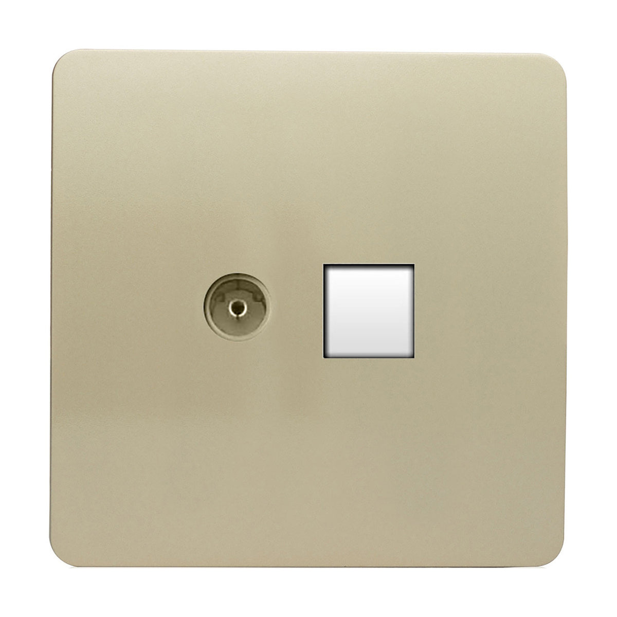 Screwless flat plate socket in champagne gold with a telephone point and Cat 5 data socket side by side, shown on a white background.
