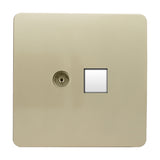 Screwless flat plate socket in champagne gold with a telephone point and Cat 5 data socket side by side, shown on a white background.