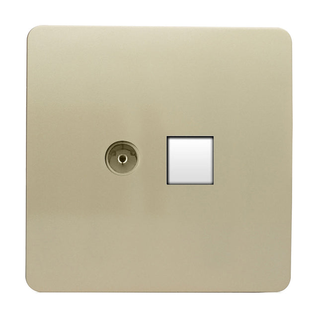 Screwless flat plate socket in champagne gold with a telephone point and Cat 5 data socket side by side, shown on a white background.