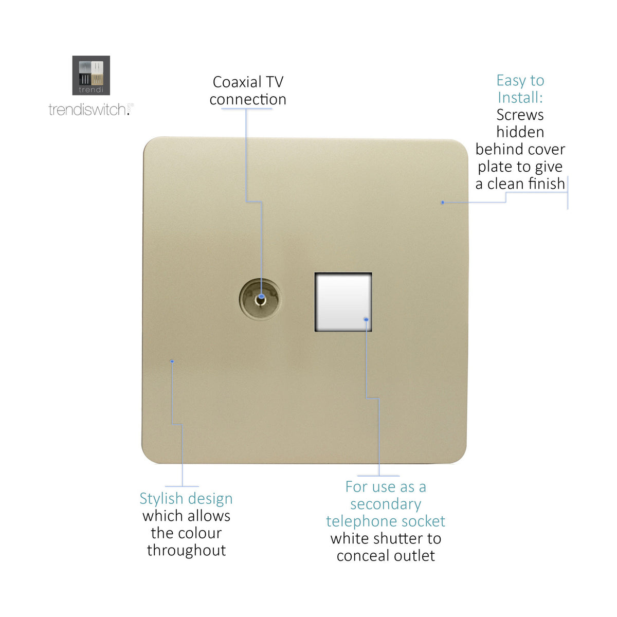 Screwless flat plate socket in champagne gold with a coaxial TV connection and a white shuttered secondary telephone socket, shown on a white background with labelled callouts.