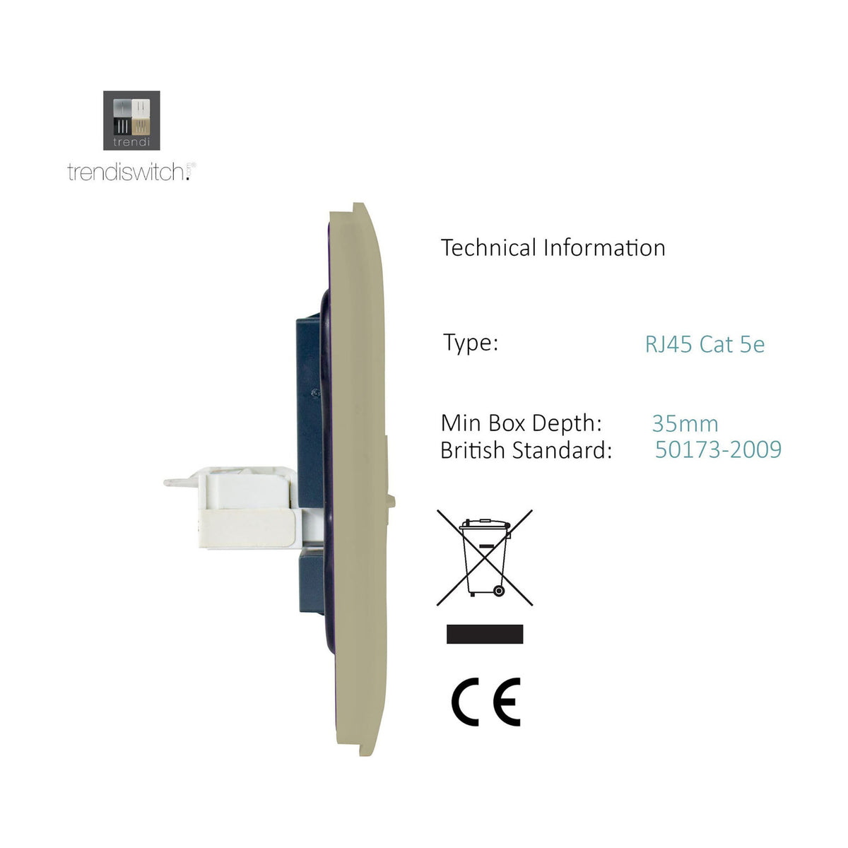 Side view of a champagne gold screwless data socket plate with RJ45 Cat 5e module and white connector housing, on a plain white background.