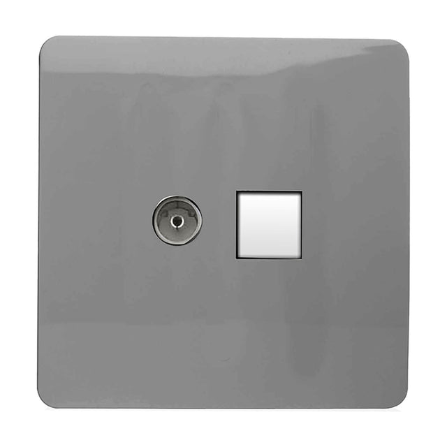 Light grey screwless flat plate combining a coaxial telephone socket and a Cat 5 data socket, shown square-on against a plain white background.