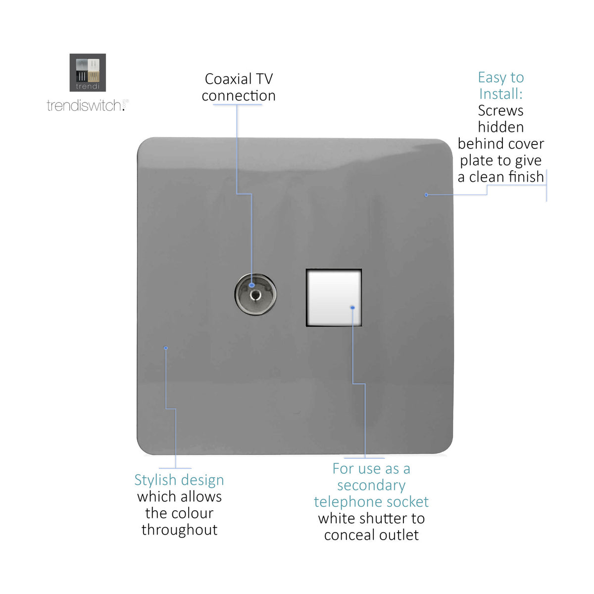 Light grey screwless flat plate socket with a coaxial TV connector and a white shuttered secondary telephone/data outlet, hidden fixing screws for a clean finish.