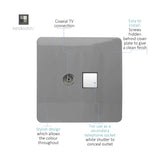 Light grey screwless flat plate socket with a coaxial TV connector and a white shuttered secondary telephone/data outlet, hidden fixing screws for a clean finish.