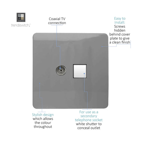 Light grey screwless flat plate socket with a coaxial TV connector and a white shuttered secondary telephone/data outlet, hidden fixing screws for a clean finish.