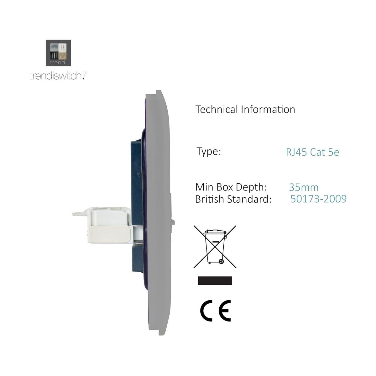 Side profile of the light grey 2 Gang Telephone & Cat 5 Data Socket showing the RJ45 Cat 5e module, screwless plate depth, and technical specification details on a white background.