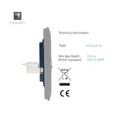 Side profile of the light grey 2 Gang Telephone & Cat 5 Data Socket showing the RJ45 Cat 5e module, screwless plate depth, and technical specification details on a white background.