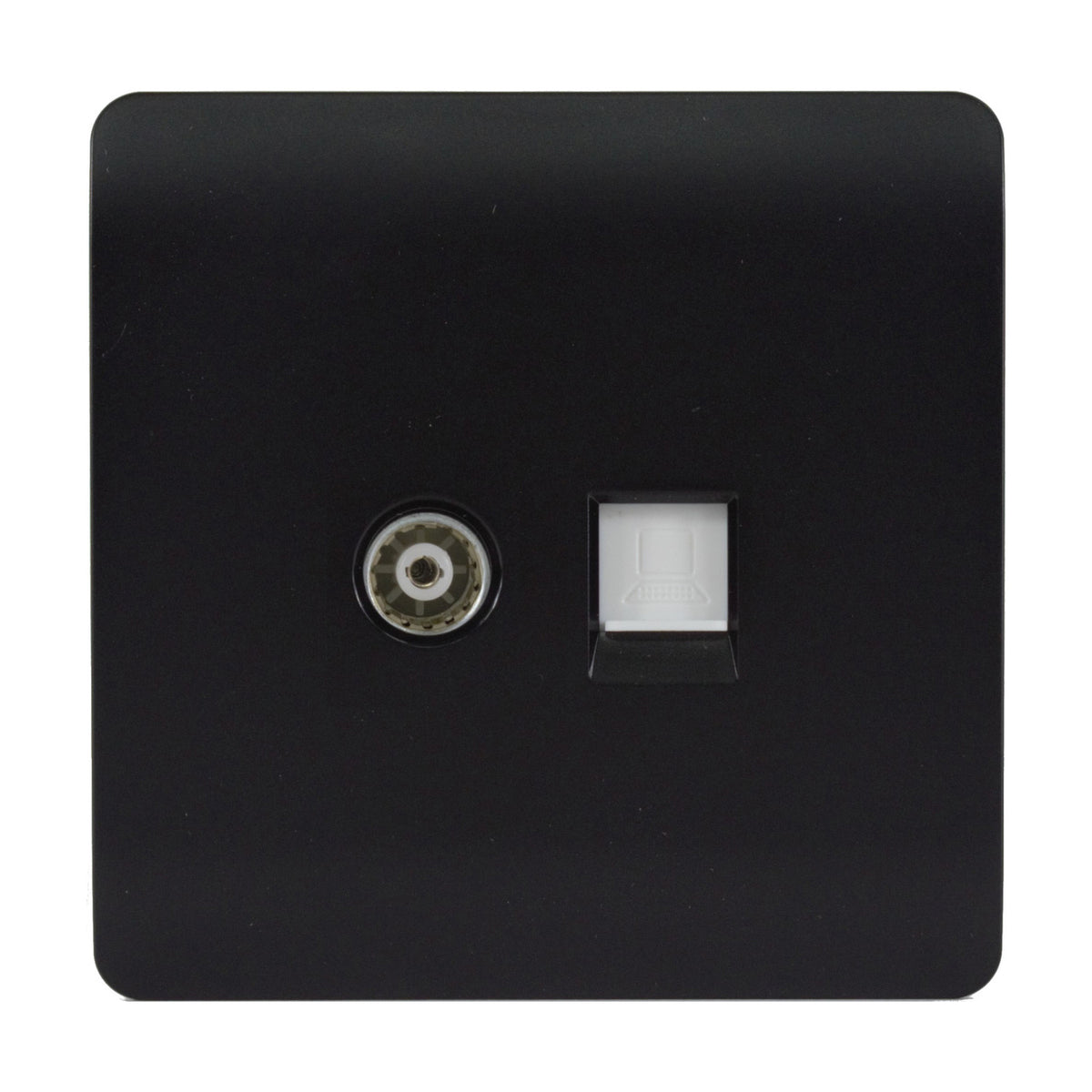 Square 2 gang telephone and Cat 5 data socket in matt black with a screwless plate, featuring a coaxial-style telephone connector and a white network data port, on a plain white background.