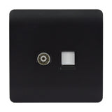 Square 2 gang telephone and Cat 5 data socket in matt black with a screwless plate, featuring a coaxial-style telephone connector and a white network data port, on a plain white background.