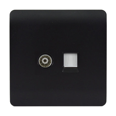 Square 2 gang telephone and Cat 5 data socket in matt black with a screwless plate, featuring a coaxial-style telephone connector and a white network data port, on a plain white background.