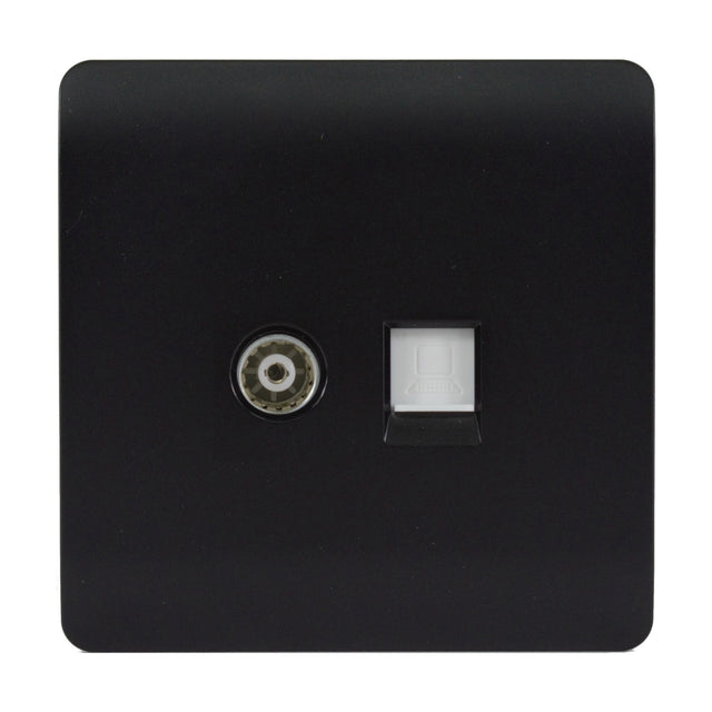 Square 2 gang telephone and Cat 5 data socket in matt black with a screwless plate, featuring a coaxial-style telephone connector and a white network data port, on a plain white background.