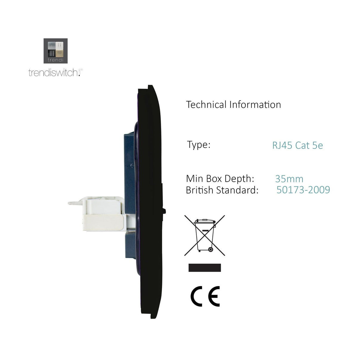 Side-profile view of the 2 Gang Telephone & Cat 5 Data Socket in matt black, screwless ABS plate with RJ45 module, showing technical specifications on a white background.