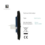 Side-profile view of the 2 Gang Telephone & Cat 5 Data Socket in matt black, screwless ABS plate with RJ45 module, showing technical specifications on a white background.