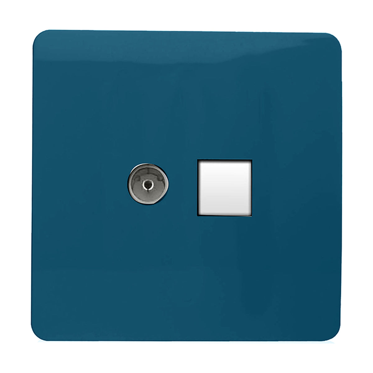 Square screwless 2 gang data socket in midnight blue with a telephone aperture and Cat 5 ethernet port, white insert, shown on a plain white background.