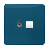 Square screwless 2 gang data socket in midnight blue with a telephone aperture and Cat 5 ethernet port, white insert, shown on a plain white background.
