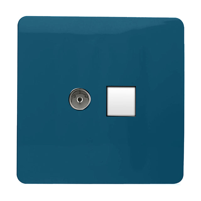 Square screwless 2 gang data socket in midnight blue with a telephone aperture and Cat 5 ethernet port, white insert, shown on a plain white background.