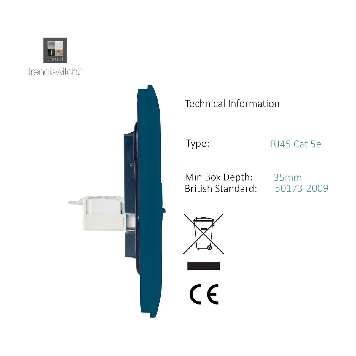 Side profile of a Midnight Blue 2 Gang Telephone & Cat 5 Data Socket, screwless flat plate with RJ45 Cat 5e port and mounting depth details shown against a white background.