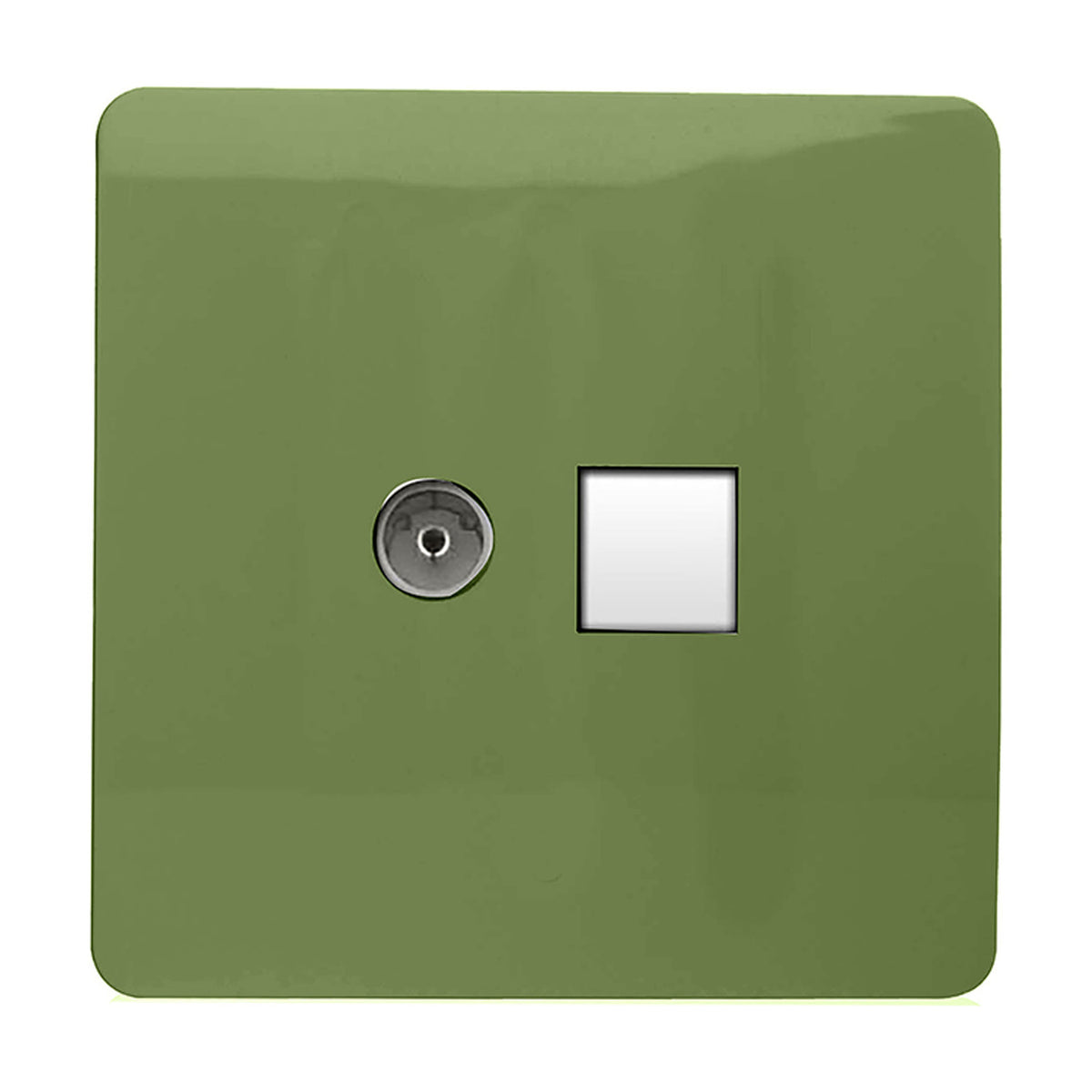Screwless 2 gang telephone and Cat 5 data socket in moss green, with a chrome TV-style port and white square Ethernet outlet on a square plate, shown on a plain background.