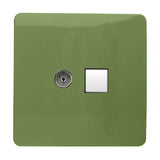 Screwless 2 gang telephone and Cat 5 data socket in moss green, with a chrome TV-style port and white square Ethernet outlet on a square plate, shown on a plain background.