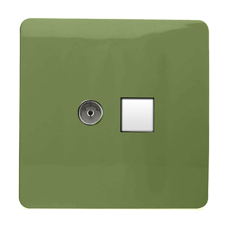 Screwless 2 gang telephone and Cat 5 data socket in moss green, with a chrome TV-style port and white square Ethernet outlet on a square plate, shown on a plain background.