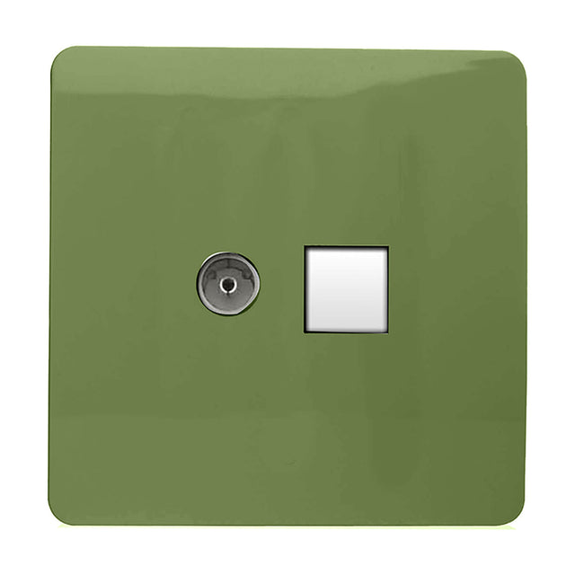 Screwless 2 gang telephone and Cat 5 data socket in moss green, with a chrome TV-style port and white square Ethernet outlet on a square plate, shown on a plain background.
